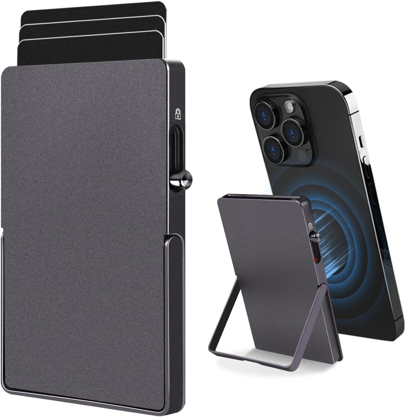 RFID Blocking Wallet Minimalist Slim Card Holder for Magsafe with Adjustable Stand, Metal Pop Up Magnetic Wallet  for Men TOYFID-6