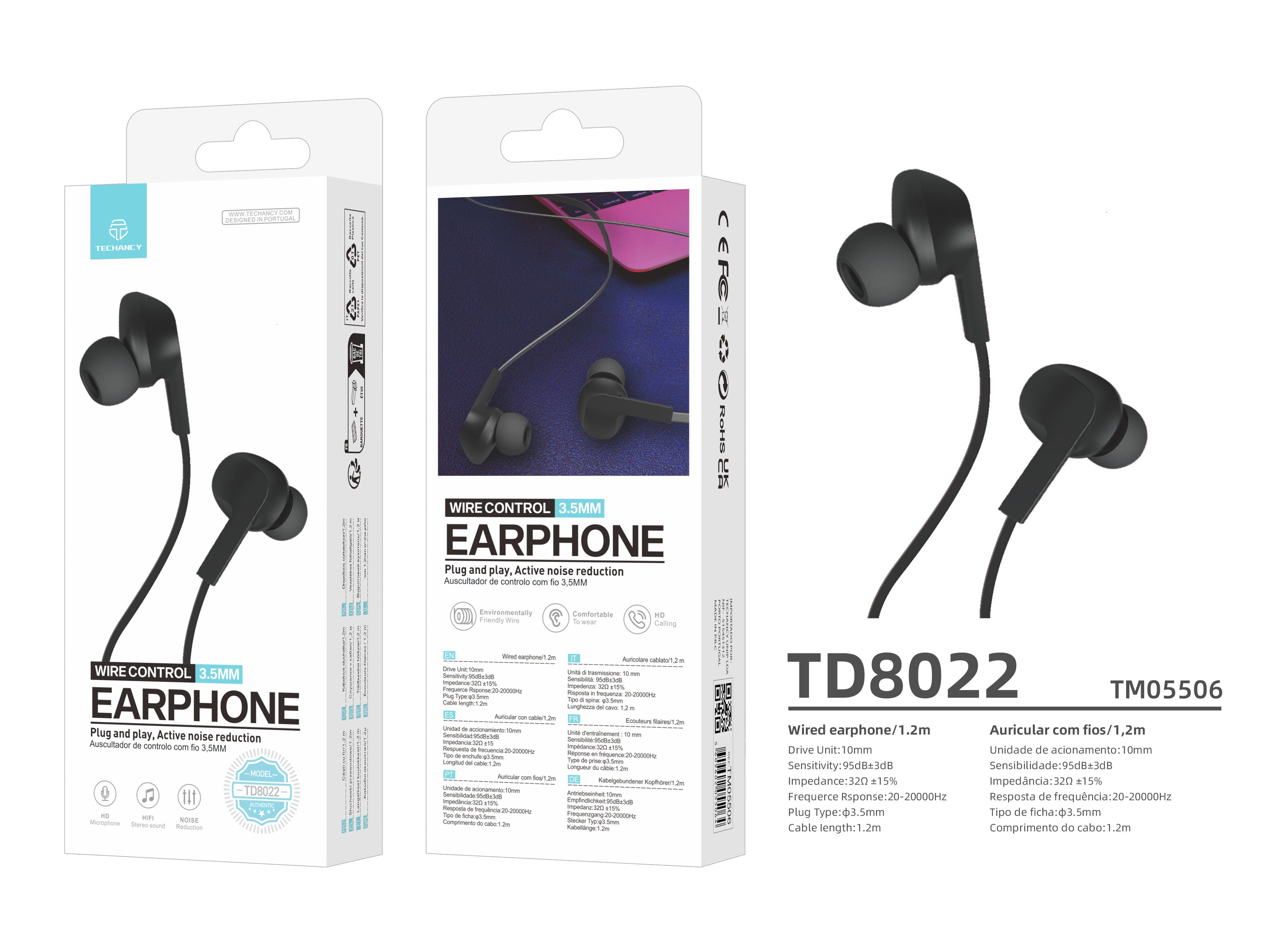 Techancy Auricular Com Fios Preto TD8022 , Microfone Integrado, 3,5 Mm, Compatível Com Smartphones E Tablets REINA.