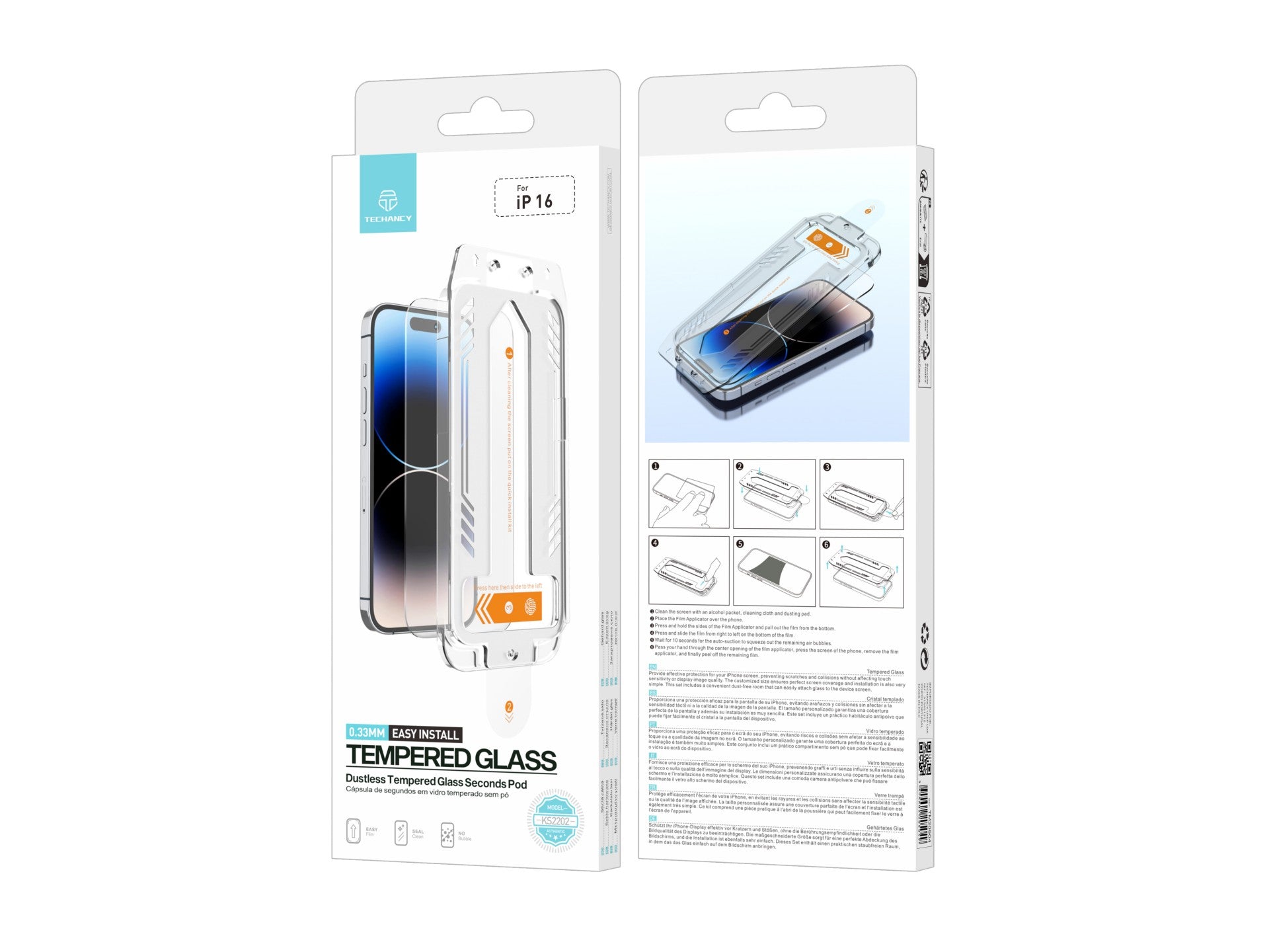 Techancy Protetor De Ecrã De Vidro Temperado KS2202, Compatível Com O Iphone 16, Fornecido Com Caixa De Instalação Rápida REINA.