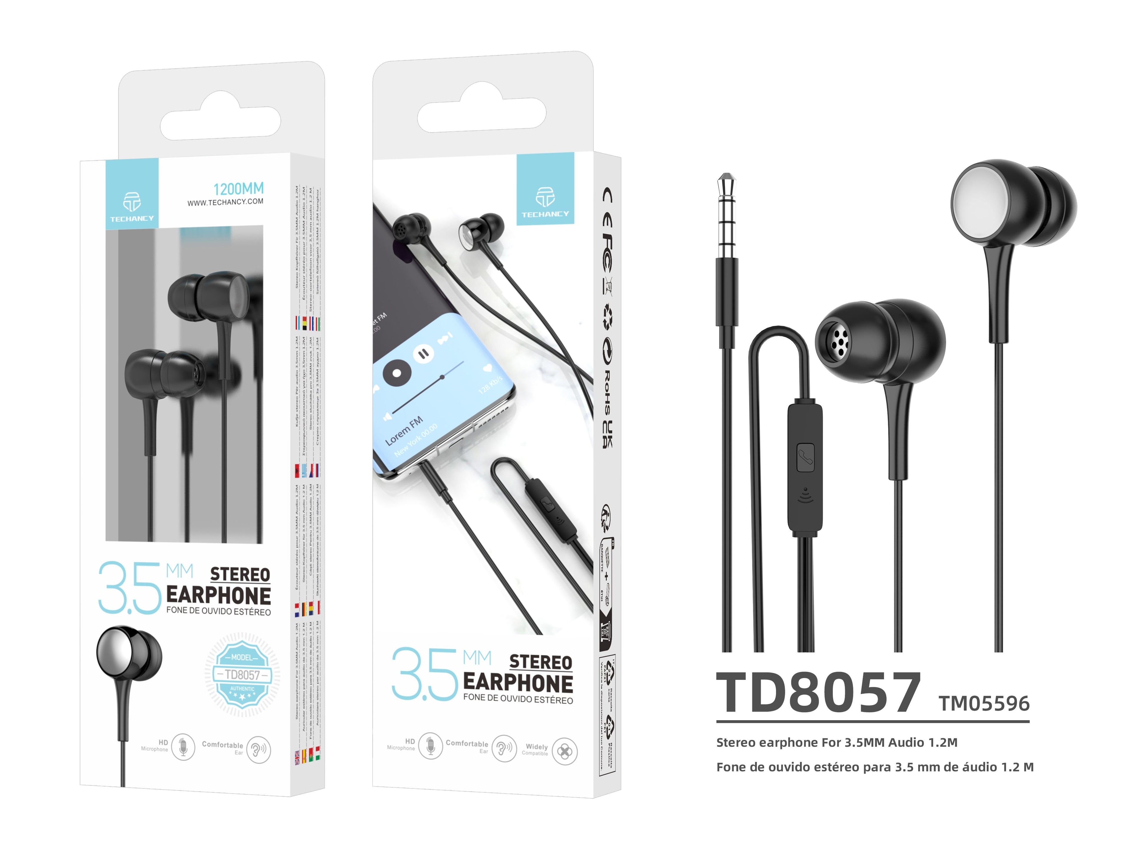 Techancy Auscultadores Intra-Auriculares Com Fios Pretos 1,2 M TD8057, Tomada De 3,5 Mm Compatível Com Telemóveis/Pc/Mp3, Etc. REINA.