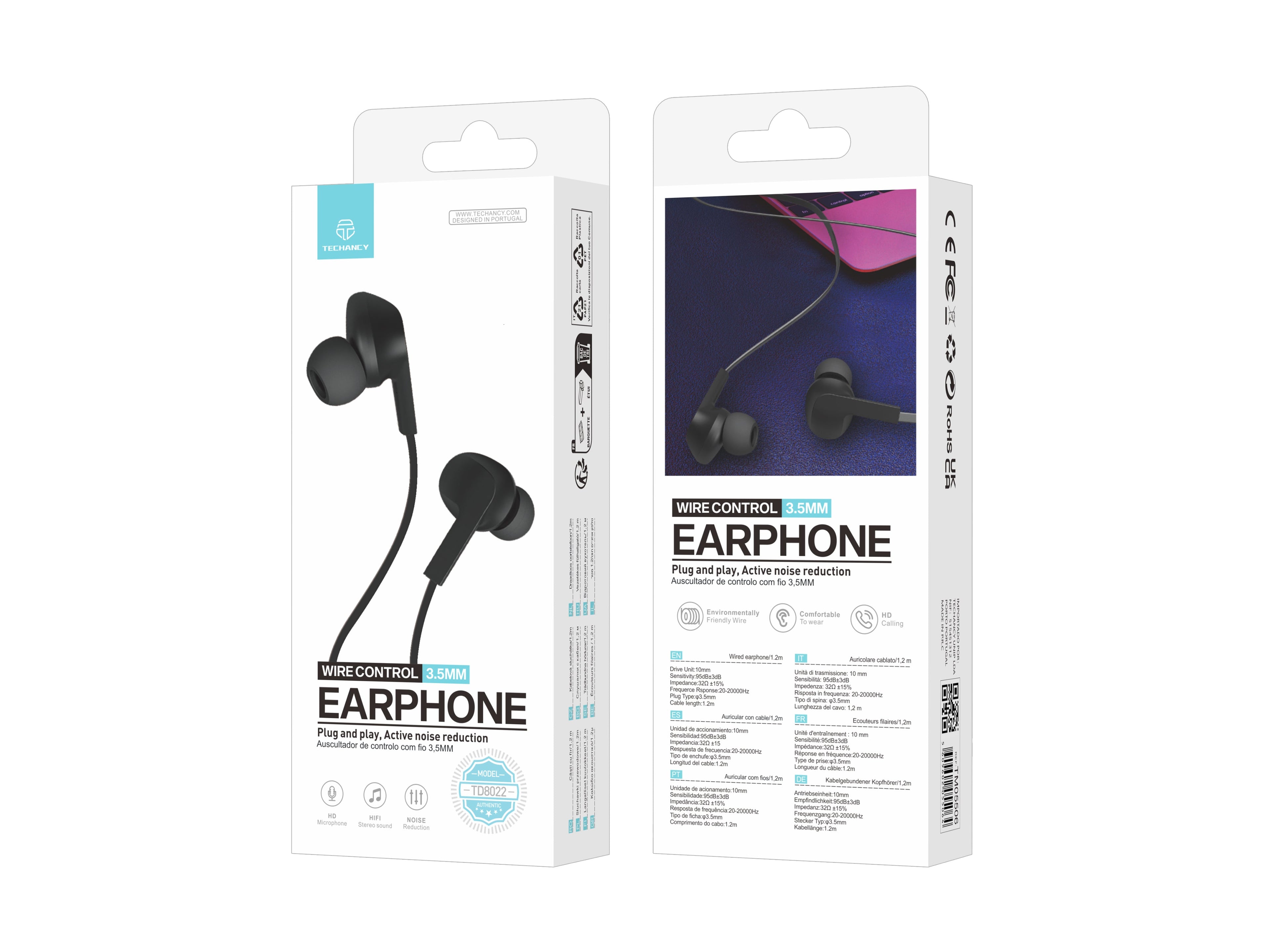 Techancy Auricular Com Fios Preto TD8022 , Microfone Integrado, 3,5 Mm, Compatível Com Smartphones E Tablets REINA.