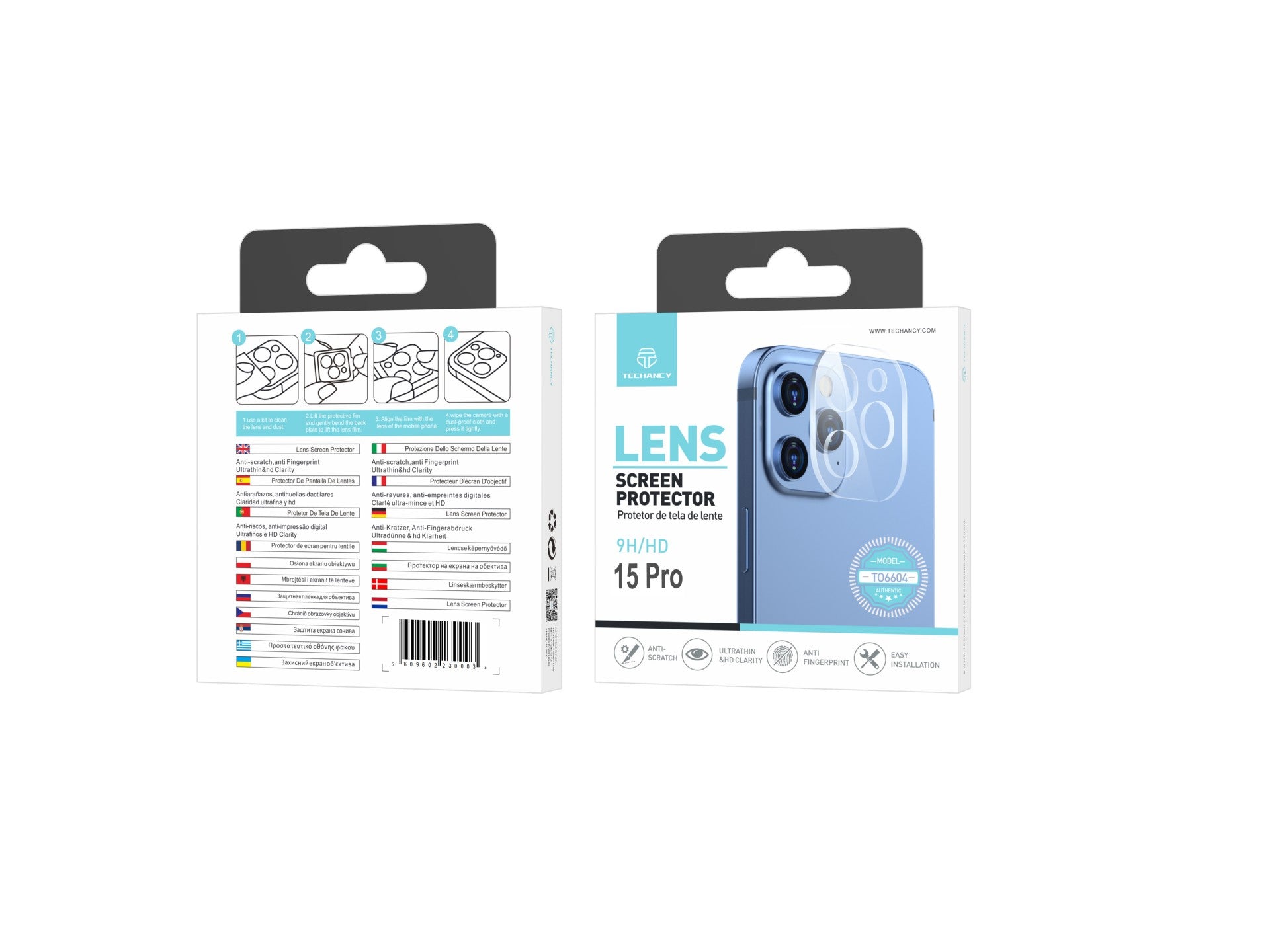 Techancy Protetor de Lente  para iPhone 15 PRO TO6604, 9H Anti-riscos, Anti-digital, Ultrafino e HD, Fácil de Instalar REINA.