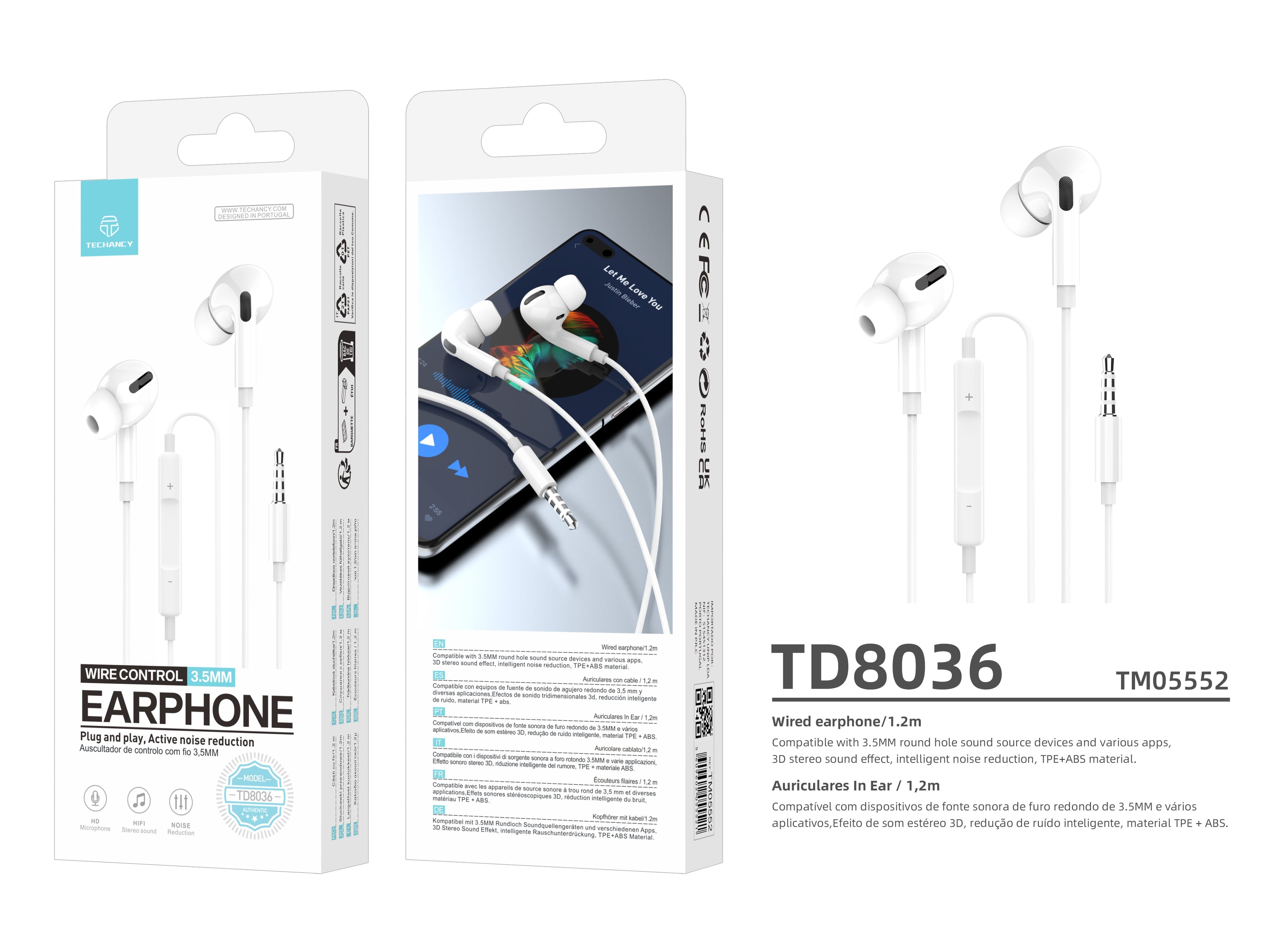 Techancy Auricular Com Fios Branco TD8036 , Microfone Integrado, 3,5 Mm, Compatível Com Smartphones E Tablets REINA.
